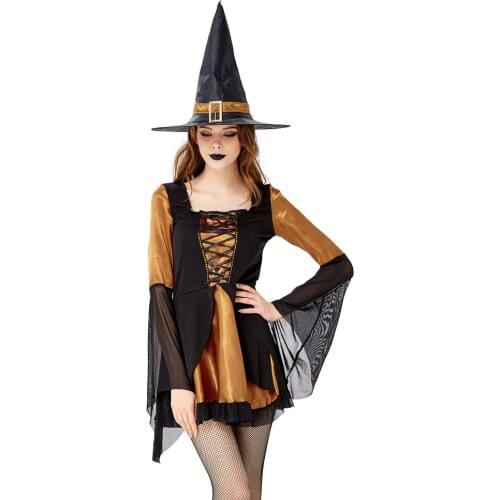 Halloween Carnival Holiday Party Witch Costume Female Orange Witch Costumes Short Mini Dress Dresses for Women Adult
