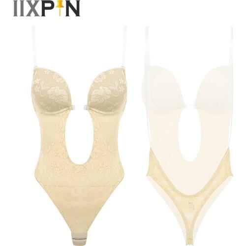 Bodysuit Shapewear Deep V-Neck Body Shaper Backless U Plunge Thong Shapers Waist Trainer Women Clear Strap Padded Push Up Corset