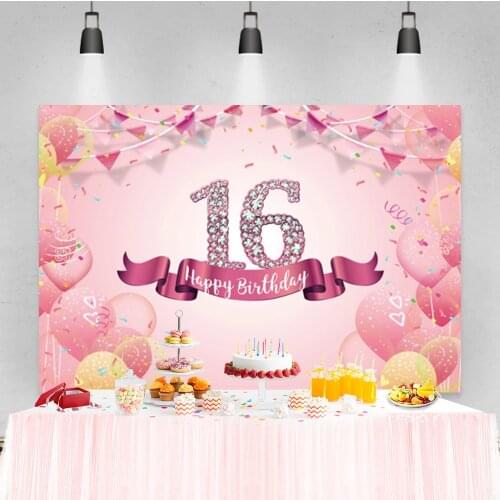 Laeacco 16th Diamond Pink Balloon Love Girls Birthday Party Custom Photo Backdrop Photographic Photo Background For Photo Studio