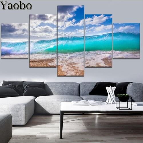 5 planes diamond painting beach sea wave landscape Multi-pictures combination diamond mosaic full square round drill