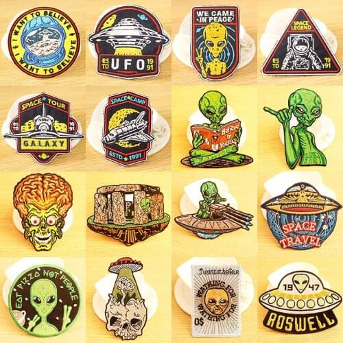 UFO Alien Patch Outer Space Patch Heat-adhesive Embroidered Patches For Clothing Iron On Patches On Clothes Stripe DIY Hook Loop
