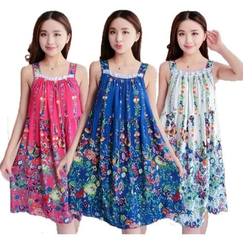2021 NEW Womens Nightdress Summer Sleeveless Loose Man-made Cotton Silk Print Sling Dress Nightdress Lady elegant Home Service