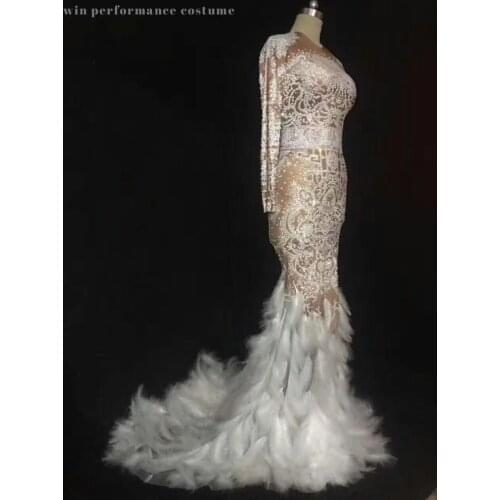 Formal Evening Rhinestones Feather Nude Dress Anniversary Full Stones Long Big Tail Costume Prom Birthday Celebrate Dresses