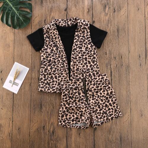 1-6Y Fashion Toddler Baby Girl Leopard Print Clothes Big turn-down collars Jacket + Tops T-Shirt + Zipper Skirt Tracksuit Outfit