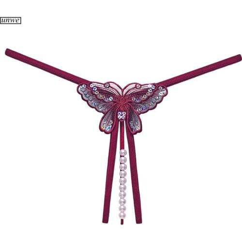 Pearl Massage Open Crotch Butterfly Thong Panties Ladies Sexy Sequin Embroidery G-string Sexy Transparent Underwear