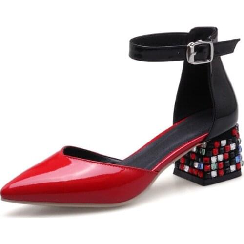 Ladies Thick Heels Woman Fashion Ankle Buckle Pointed Toe Casual Pumps Concise Elegant High-heeled shoes zapatos mujer U22-35