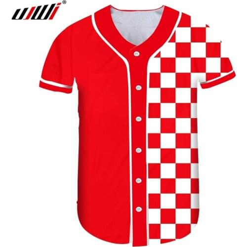 UJWI Summer Man New Button T-shirt Short 3D Printed red white plaid Streetwear oversize Costume Unisex Baseball Shirt wholesale