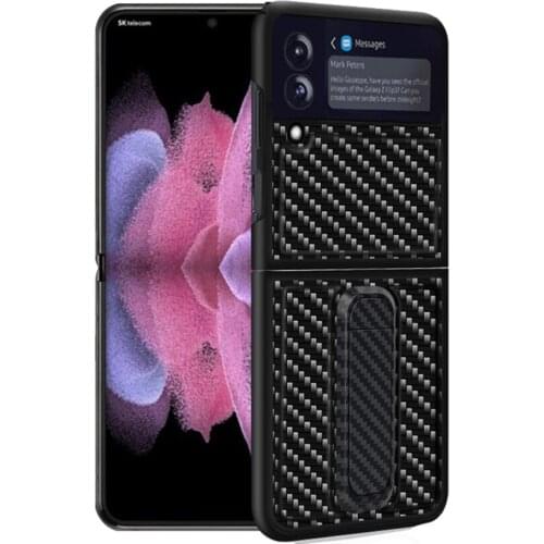 Ultra-thin for Samsung Galaxy Z Flip3 Carbon Fiber Phone Case w/ Stand Shockproof Protective Case Back Cover