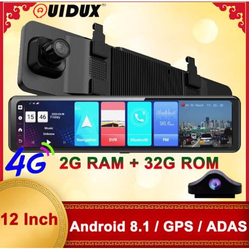 QUIDUX 1080P 4G Android 8.1 12 Inch Stream Media Car Rearview Mirror Bluetooth Camera Car Dvr ADAS Super Night WiFi GPS Dash Cam