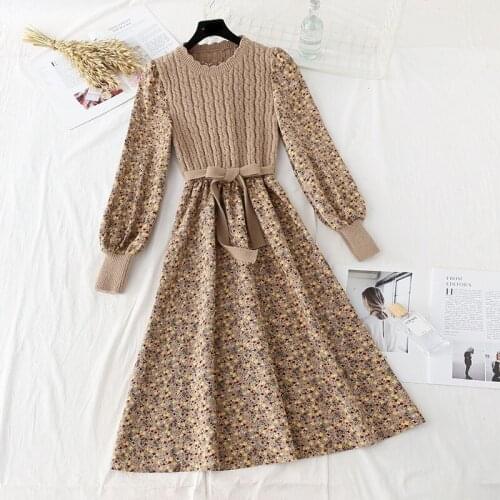Vintage Elegant Dresses for Women Patchwork Knitted Vestidos Slim Bandage Robe Fashion Floral Corduroy Dress