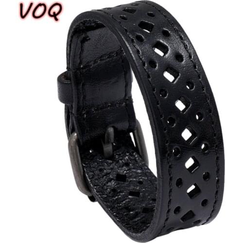 VOQ Creative Jewelry Wide Wristband Design Retro Hollow Genuine Leather Bracelet Adjustable Long Cuff Bangles pulseras