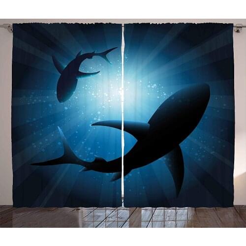 Shark Curtains Silhouette of The Fishes Swimming at Twilight Night Moon Mystic Magical Sea Scenery Living Room Window Drapes