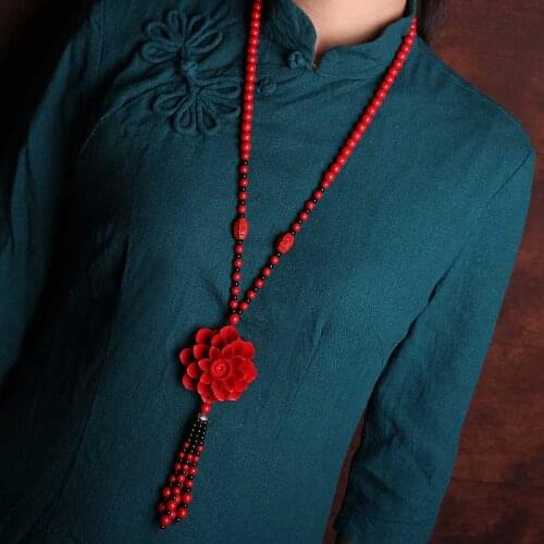 KYSZDL Natural cinnabar pendants women sweater chain fashion section national style lotus pendant necklace jewelry birthday gift