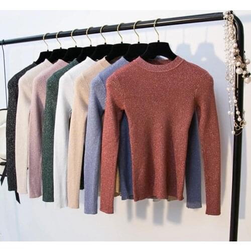 Women Solid Color Shiny Women Sweater Pullover O-Neck Basic Skinny Knitted Top fashion thin pullover Ladies winter sweaters