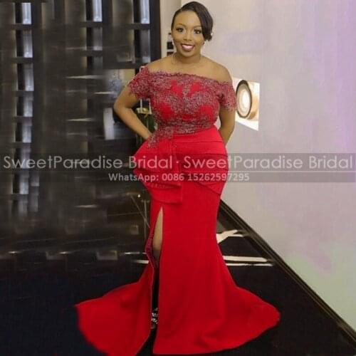 2021 Red Evening Dresses With Appliques Ruffles Mermaid Off Shoulder African Women Long Evening Dress Graduation