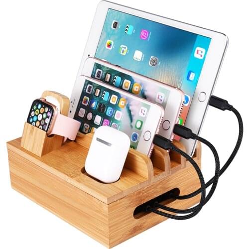 Bamboo Charging Station Rack for Laptops, Tablets, and Phones, Watch, Multi-Device Charging Station Dock Stand Organizer