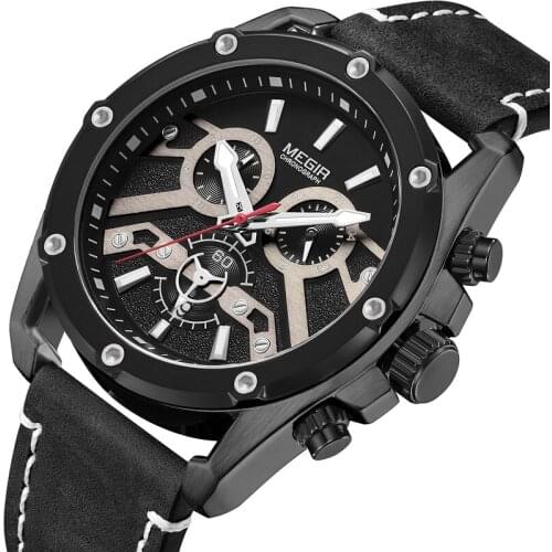 MEGIR New Mens Watches Top Brand Luxury Big Dial Military Quartz Watch Leather Waterproof Sport Chronograph Watcol Saati 2120
