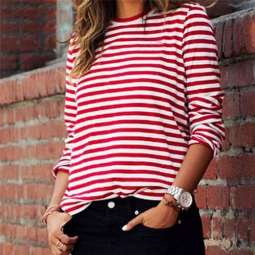Black Red Striped Hip Hop Loose Casual T-Shirt For Women Long Sleeve O-Neck Personality Female Sports Running T-Shirt Ladies Tee