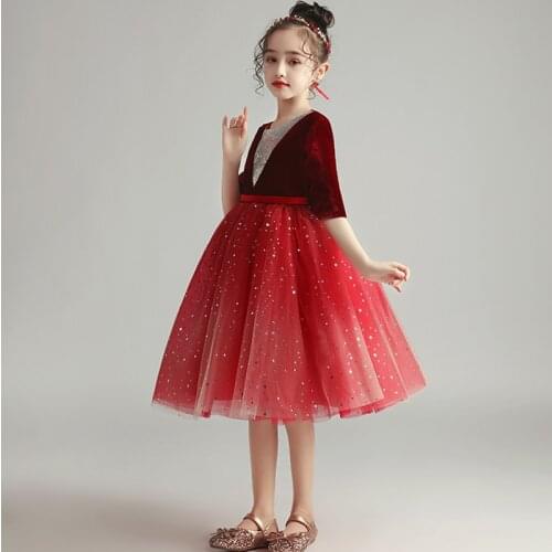 Flower Girl Dresses Illusion Sequined O-Neck Half Princess Knee-Length Lace Tulle Luxury Burgundy Lovely Kids Party Gown H355