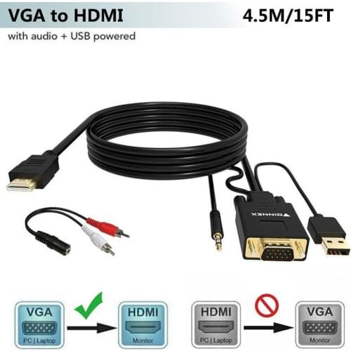 FOINNEX 15FT VGA to HDMI Adapter/Converter Cable with Audio,1080P,Convert VGA Source (PC) in HDMI Connector of Monitor,TV