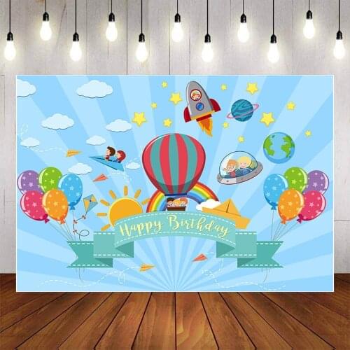 Mehofond Photography Background Cartoon Space Planet Rocket Ship Balloon Rainbow Boy Child Birthday Party Backdrop Photo Studio