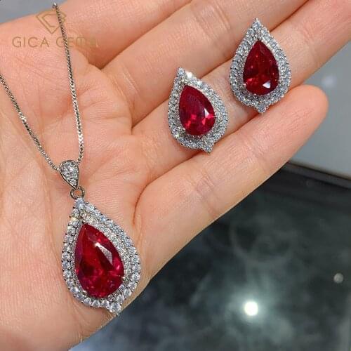 GICA GEMA New Trendy Water Drop Shaped Jewelry Set 925 Sterling Silver Created Ruby Earrings Pendant Female Gifts Fine Jewelry