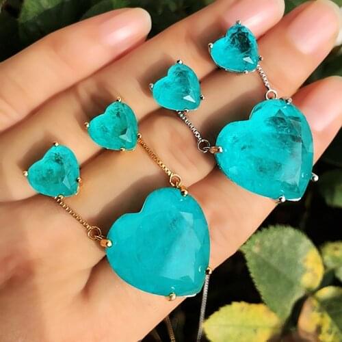Luxury Heart Shape Jewelry Set Green blue Fusion stone Love Heart Pendant Necklace&Stud Earrings For Women Fashion party Jewelry