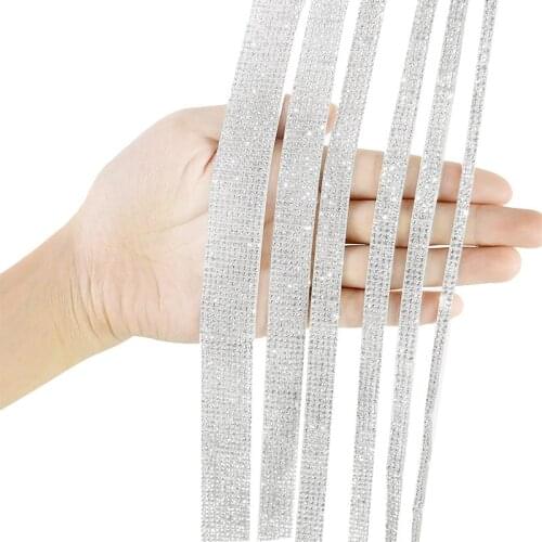 1Yards 4-20mm Arranged Motif Crystal Rhinestone Ribbon Silver Self-adhesive Rhinestone Tape Wedding DIY Dress Shoe Decorations