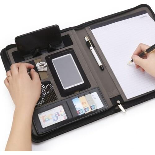 A4 Multifunction Business Presentation Conference PU Leather Zipper File Folder Portfolio Padfolio Document Organizer Notepad