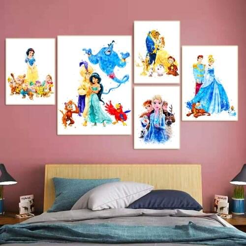 Cartoon Watercolor Couples Art Poster Disney Princess &Their Husband Canvas Painting Prints Nursery Wall Art for Kids Room Decor