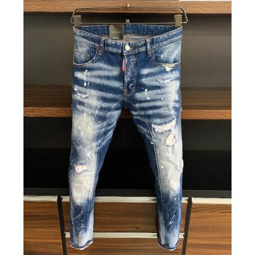 New Mens Skinny Jeans With Ripped Holes And elastic Paint Spray Blue Stitching Beggar Pants A385