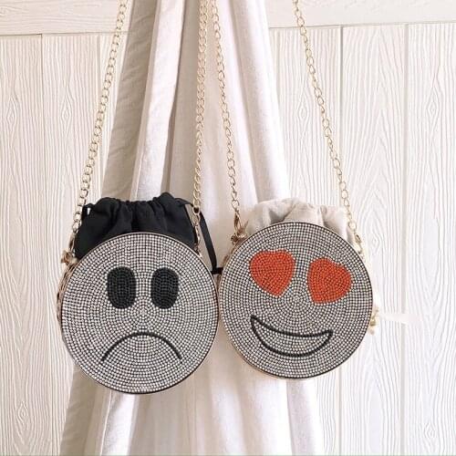 New Design Fashion Handbags Round Shape Smiley Face Pattern Rhinestone Clutch Bag for wedding Party Purse Ladies Shoulder Bag