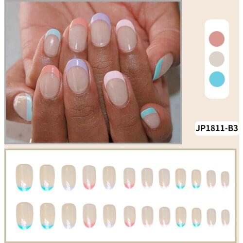 24pcs Candy Colors Nail Patch Round Head Glue Type Removable Super Short Paragraph Fashion Manicure False Nail Patch Stickers