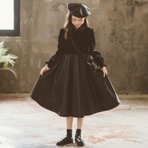 Cotton and Faux Leather Patchwork Girls Midi Dress Teen Dresses Peter Pan Collar Girl Kids 2021 Autumn Clothes Fashion,#6520