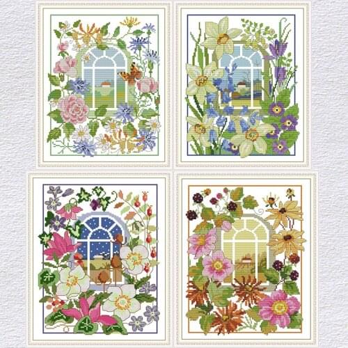 Counted Joy Sunday 14CT 11CT Printed Cross Stitch Kits Window Flowers Scenic Embroidery Needlework Handmade Decoration Gift Sets