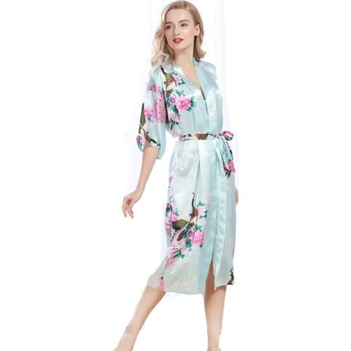 Silky Kimono Bride Getting Ready Robe For Wedding Women Kimono Silk Robe Peacock Print Satin Long Bathrobe Plus Size S-3XL