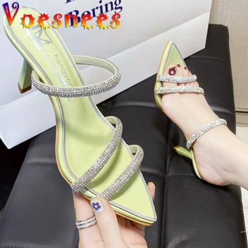 2021 Fashion Women Shoes Diamonds Chain Slippers All-Match Sexy Slides Korean Style Sweet Wedding Pointed Thin High Heel Sandals