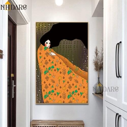Modern Fashion Porch Abstract Character Orange Girl Posters And Prints Canvas Painting Art Wall Pictures for Hallway Home Decor