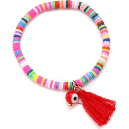 Vinyl Accent Polymer Clay Discs Beads Heishi Tassel Eyes Stretch Bracelet Women Boho Colorful Beads Glass Evil Pendant Jewelry