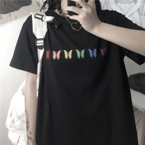 Ulzzang vintage rainbow butterfly print short-sleeved T-shirt female Harajuku Streetwear loose chic funny Summer women ins tops