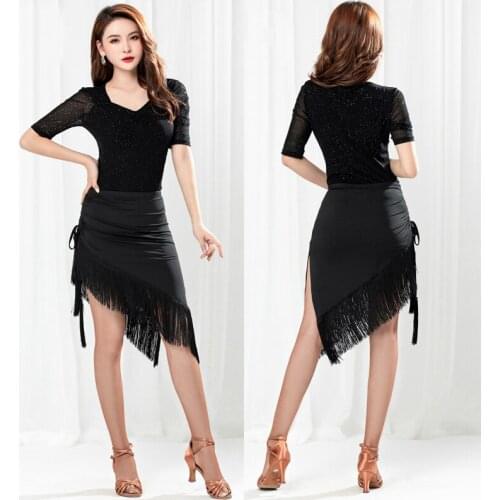 Women Latin Dance Costumes New Black Tops Fringe Skirt Latin Dance Competition Dress Cha Cha Rumba Samba Practice Clothes SL1907