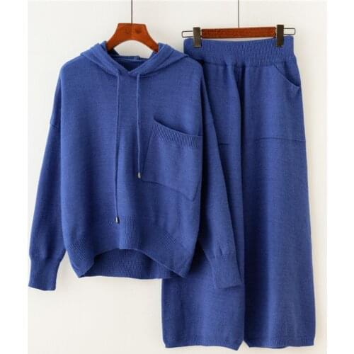 Womens spring and autumn hooded sweater with wide-leg pants suit female autumn fashion new retro knitted sweater 2sets new suit