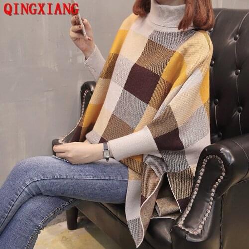 2020 New Fashion Knitted Colorful Plaid Sweater Women Turn-down Collar Long Sleeves Both Side Open Poncho Autumn Loose Pullover