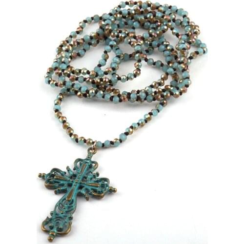 Fashion Bohemian Tribal Jewelry 4mm Mini Blue Green Glass Knotted Cross Pendant Necklace For Women Lariat Necklaces