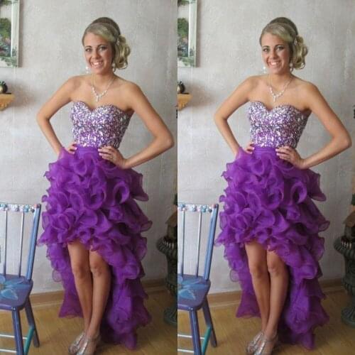 Custom Purple High Low Prom Dresses 2019 Crystal Sweetheart Beading Organza Pageant Hot A line Backless High Quality prom dress