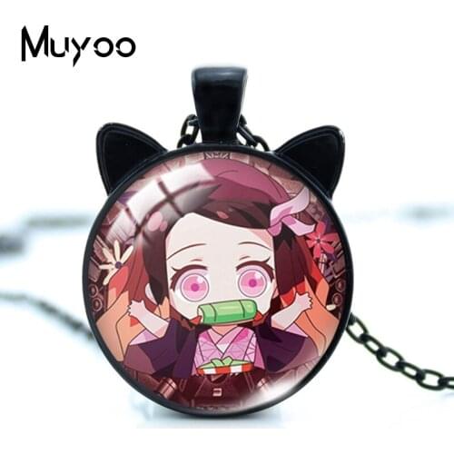 2021 New Kawaii Anime Demon Slayer Kimetsu no Yaiba Characters Handmade Glass Dome Round Cat Pendant Necklaces