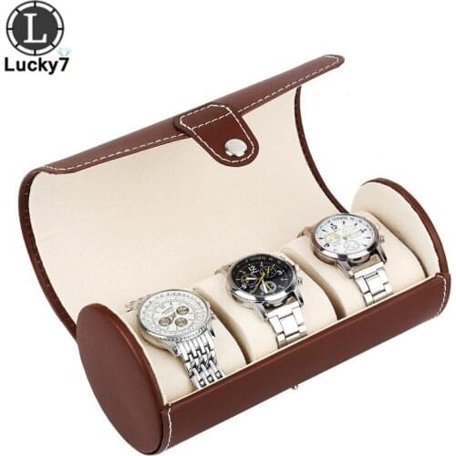 3-digit Watch Storage Box Cylindrical Jewelry Box PU Leather Watch Box with Soft Leather Pillows