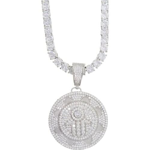 New iced out bling cz lucky eye hamsa hand round cz pendant necklace hiphop bling women men 5mm cz tennis chain choker jewelry