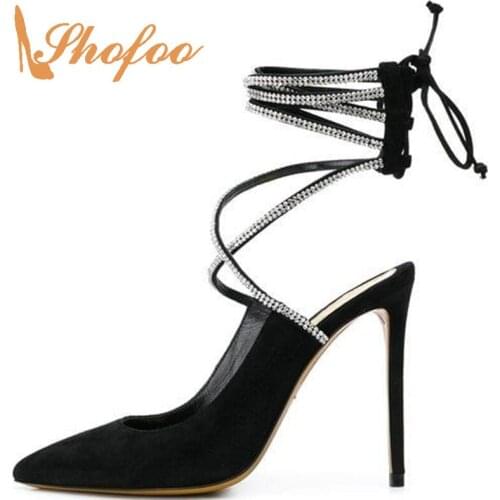 Black Crystal Stilettos Ankle Strap Pumps Women Lace-up High Thin Heels Pointed Toe Ladies Party Shoes Large Size 11 16 Mature