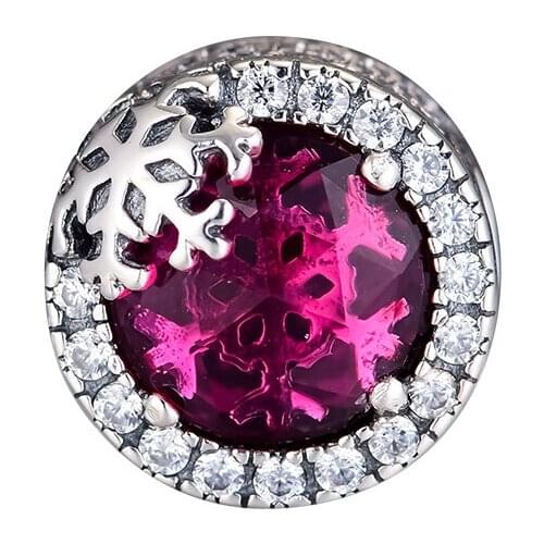 DIY Fits for Pandora Charms Bracelets Dazzling Snowflake Beads wtih Cerise CZ 100% 925 Sterling-Silver-Jewelry Free Shipping